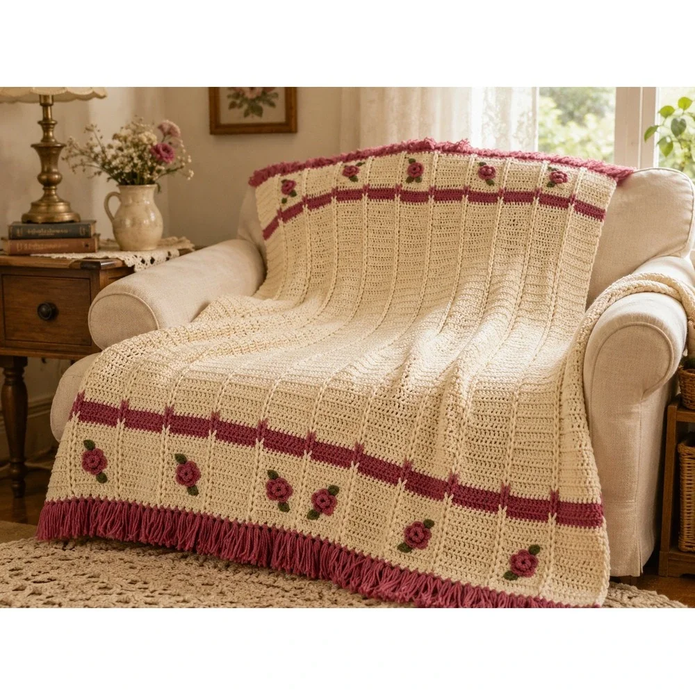 Vintage Handmade Crochet Rose Throw Blanket Cream Pink Floral Fringe Afghan